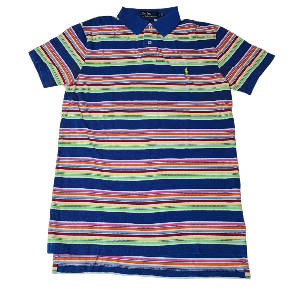 Polo Ralph Lauren Mens Polo Shirt Blue Red Rainbow Stripe 100% Cotton Vtg Medium